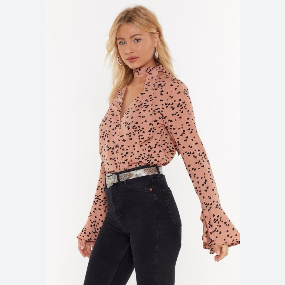 Nasty gal tan with black hearts blouse size 10